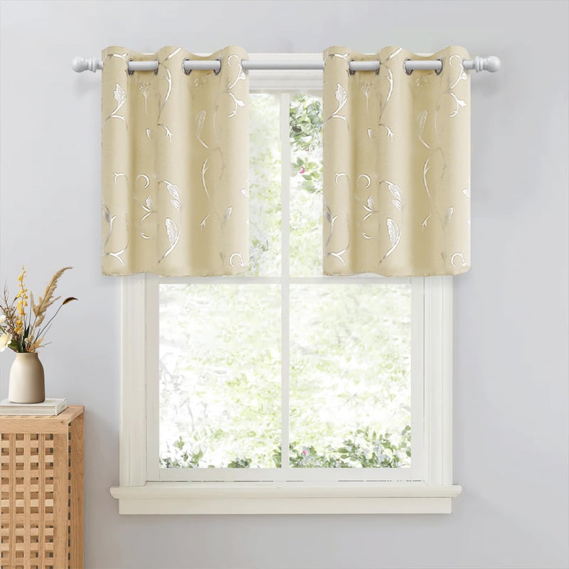 BUHUA Flower Print Blackout Curtains Thermal Insulated Window Curtains Silver Elegant Vine Pattern for Baby Room Beige 38W by 63L 2 Panels - Image 1